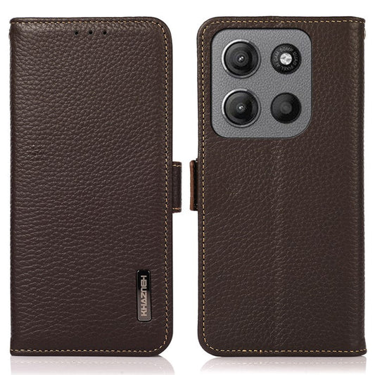 KHAZNEH For Motorola Moto G15 4G  /  G05 4G Phone Case Genuine Cow Leather Cover RFID Blocking - Brown