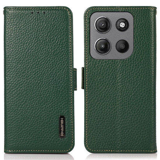 KHAZNEH For Motorola Moto G15 4G  /  G05 4G Phone Case Genuine Cow Leather Cover RFID Blocking - Green