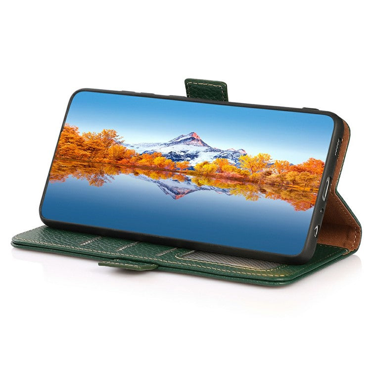 KHAZNEH For Motorola Moto G15 4G  /  G05 4G Phone Case Genuine Cow Leather Cover RFID Blocking - Green