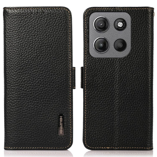 KHAZNEH For Motorola Moto G15 4G  /  G05 4G Phone Case Genuine Cow Leather Cover RFID Blocking - Black