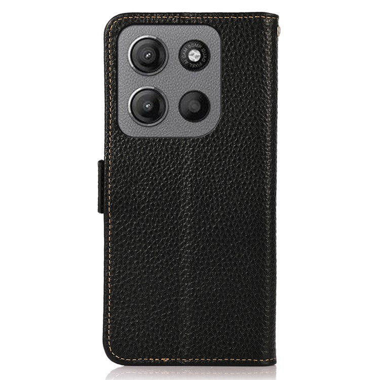 KHAZNEH For Motorola Moto G15 4G  /  G05 4G Phone Case Genuine Cow Leather Cover RFID Blocking - Black