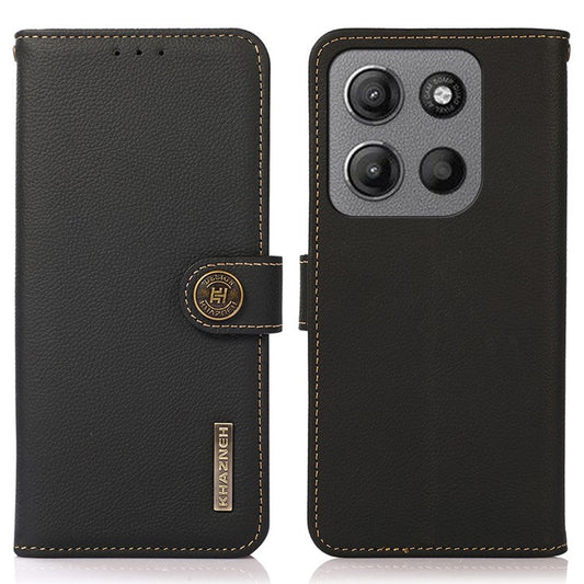 KHAZNEH For Motorola Moto G15 4G  /  G05 4G Case Genuine Cow Leather Wallet Phone Cover - Black
