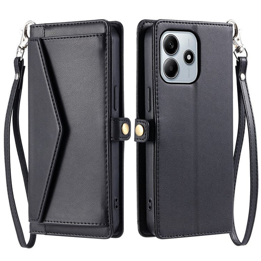 For Xiaomi Redmi Note 14 5G Leather Case Wallet Stand Phone Cover with Straps - Black