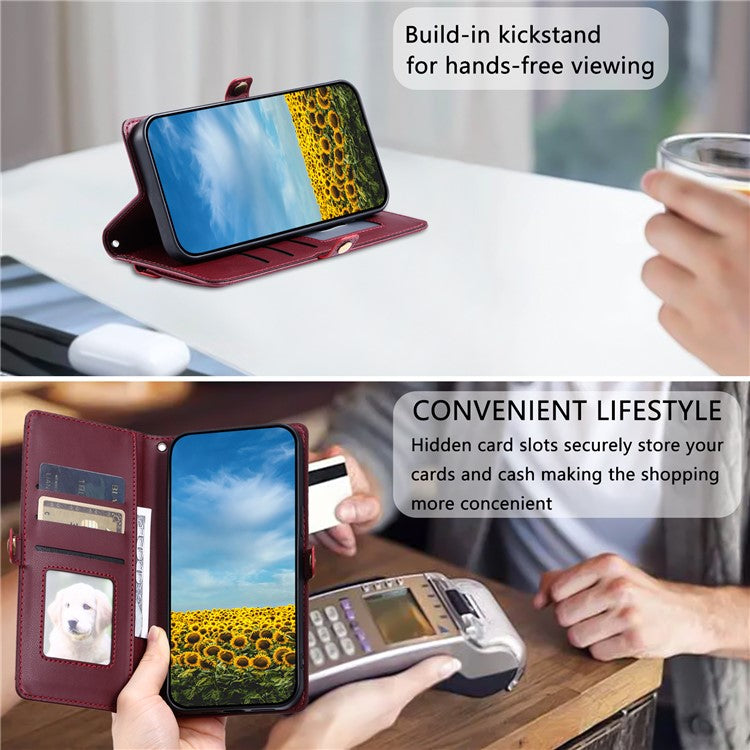 For Motorola Moto G05 4G Leather Case Wallet Stand Phone Cover with Straps - Wine Red