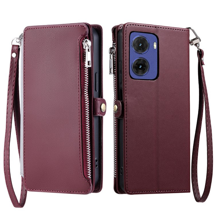 015 Style For Motorola Moto G05 4G Case TPU+PU Leather Wallet Phone Cover with Straps - Wine Red