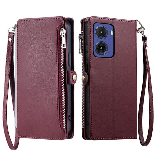 015 Style For Motorola Moto G05 4G Case TPU+PU Leather Wallet Phone Cover with Straps - Wine Red