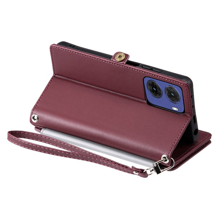 015 Style For Motorola Moto G05 4G Case TPU+PU Leather Wallet Phone Cover with Straps - Wine Red