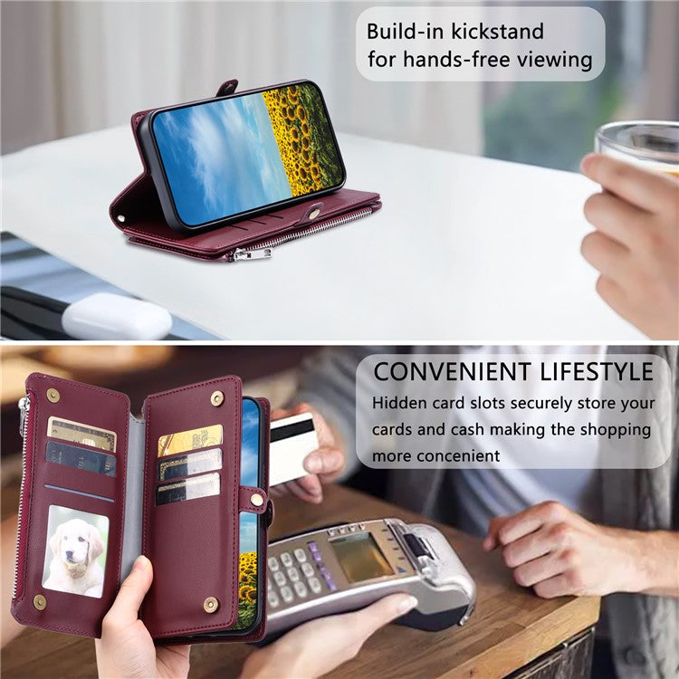 015 Style For Motorola Moto G05 4G Case TPU+PU Leather Wallet Phone Cover with Straps - Wine Red