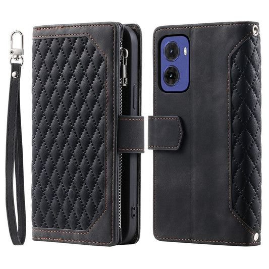 Style 005 For Motorola Moto G05 4G Wallet Case Rhombus Stitching Line PU Leather Phone Cover - Black