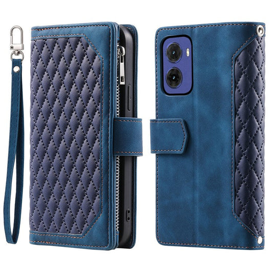 Style 005 For Motorola Moto G05 4G Wallet Case Rhombus Stitching Line PU Leather Phone Cover - Blue