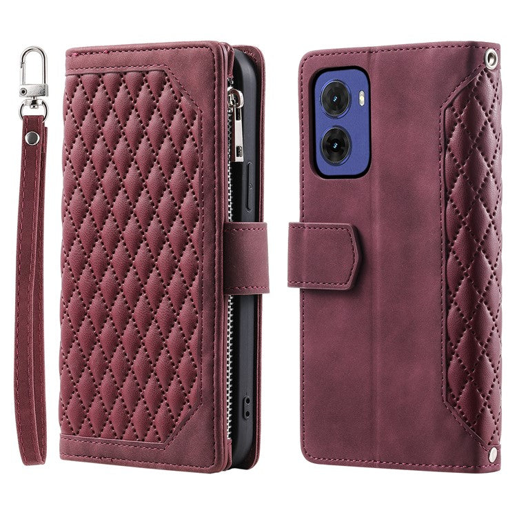 Style 005 For Motorola Moto G05 4G Wallet Case Rhombus Stitching Line PU Leather Phone Cover - Wine Red