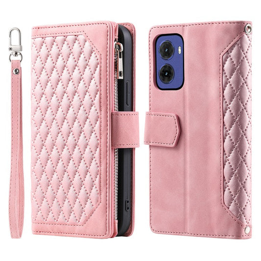 Style 005 For Motorola Moto G05 4G Wallet Case Rhombus Stitching Line PU Leather Phone Cover - Rose Gold