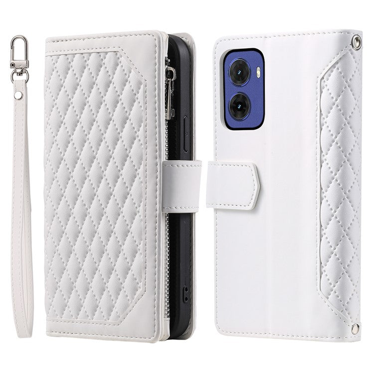 Style 005 For Motorola Moto G05 4G Wallet Case Rhombus Stitching Line PU Leather Phone Cover - White