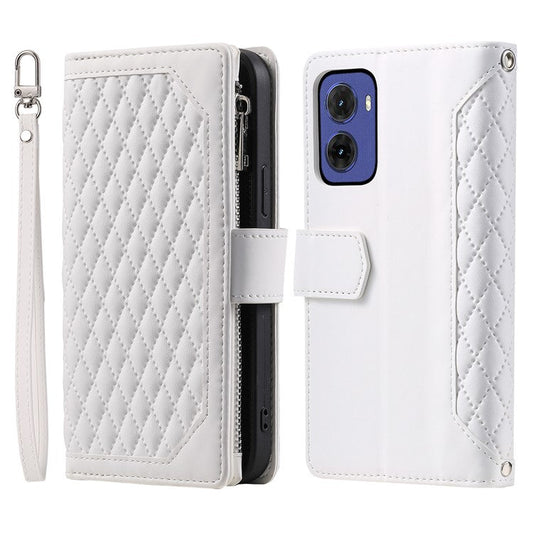 Style 005 For Motorola Moto G05 4G Wallet Case Rhombus Stitching Line PU Leather Phone Cover - White