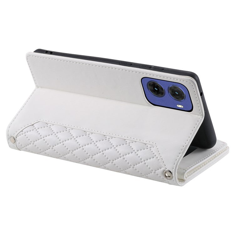 Style 005 For Motorola Moto G05 4G Wallet Case Rhombus Stitching Line PU Leather Phone Cover - White