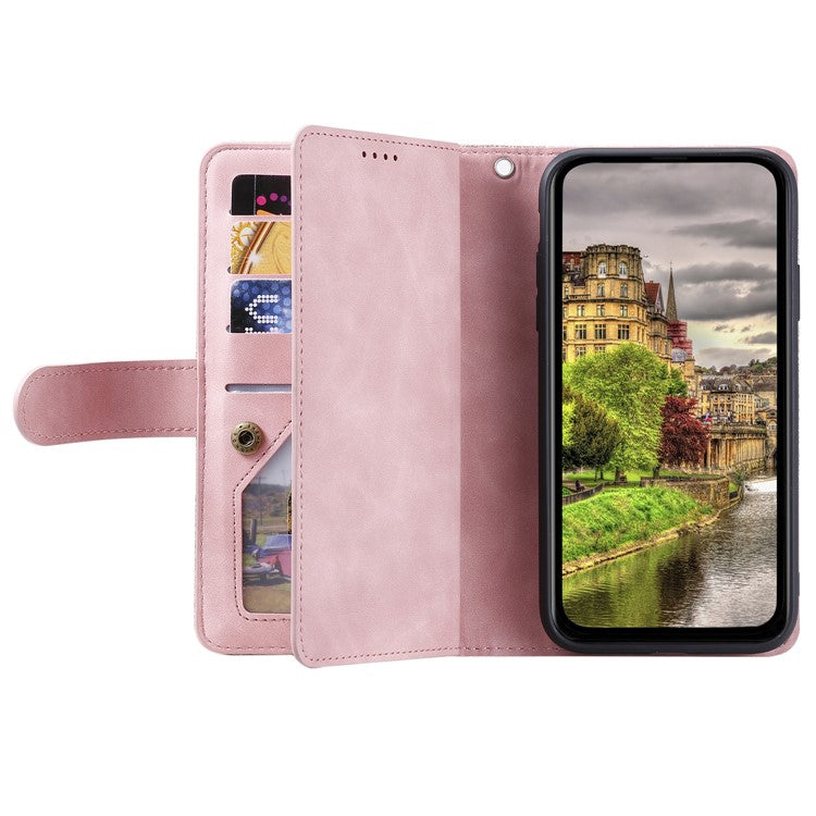 For Motorola Moto G05 4G Case PU Leather Phone Cover with Zipper Wallet 9 Card Slots - Rose Gold