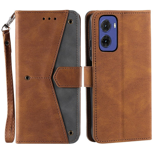 For Motorola Moto G05 4G Leather Case Splicing Stitching Wallet Stand Phone Cover with Strap - Brown