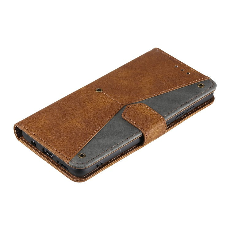 For Motorola Moto G05 4G Leather Case Splicing Stitching Wallet Stand Phone Cover with Strap - Brown