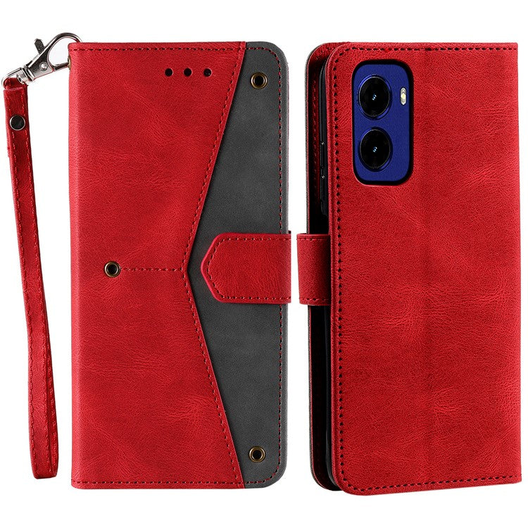 For Motorola Moto G05 4G Leather Case Splicing Stitching Wallet Stand Phone Cover with Strap - Red