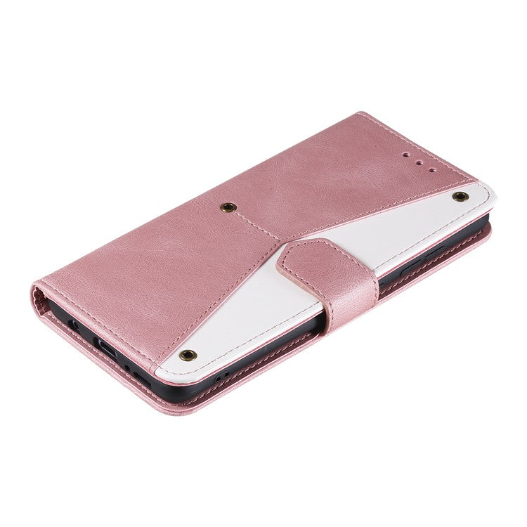 For Motorola Moto G05 4G Leather Case Splicing Stitching Wallet Stand Phone Cover with Strap - Rose Gold