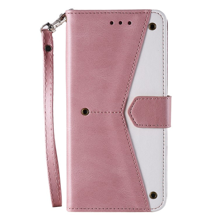 For Motorola Moto G05 4G Leather Case Splicing Stitching Wallet Stand Phone Cover with Strap - Rose Gold