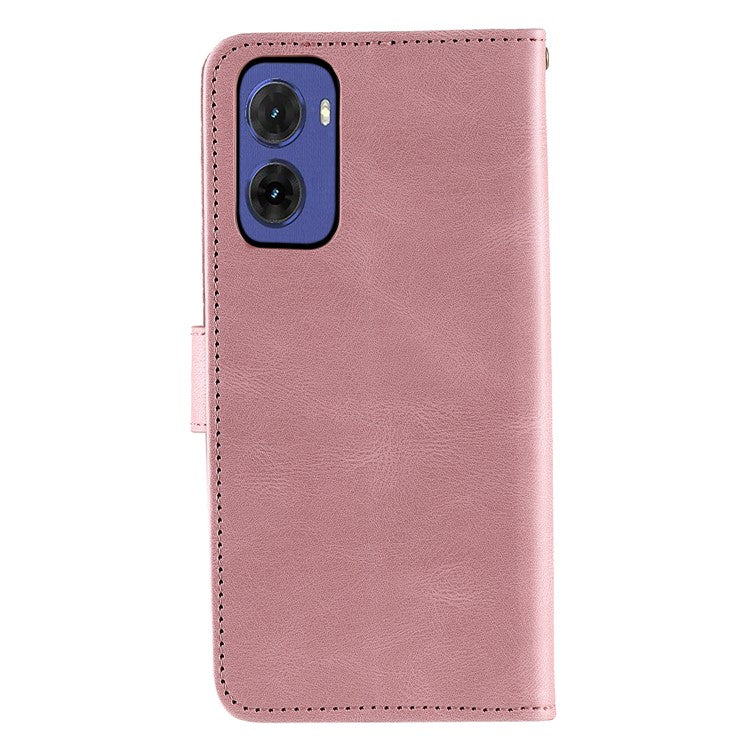 For Motorola Moto G05 4G Leather Case Splicing Stitching Wallet Stand Phone Cover with Strap - Rose Gold