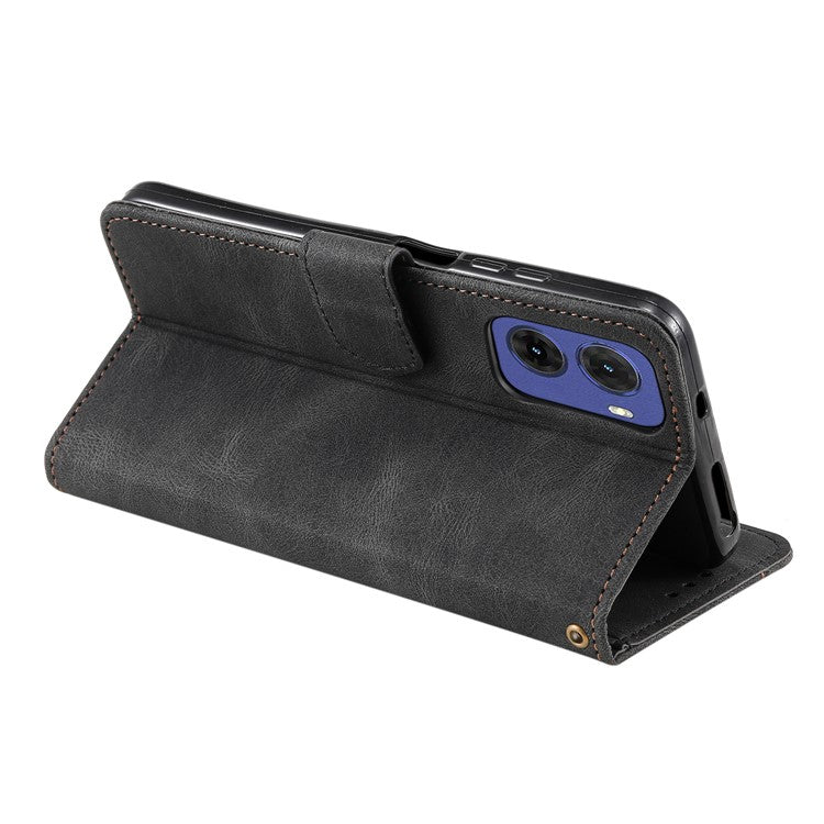 For Motorola Moto G05 4G Leather Case Splicing Stitching Wallet Stand Phone Cover with Strap - Black