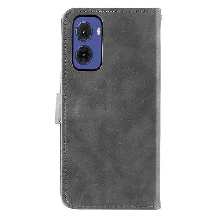 For Motorola Moto G05 4G Leather Case Splicing Stitching Wallet Stand Phone Cover with Strap - Grey