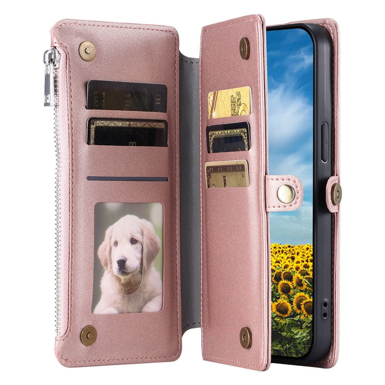 015 Style For Motorola Moto G15 4G Case TPU+PU Leather Wallet Phone Cover with Straps - Rose Gold
