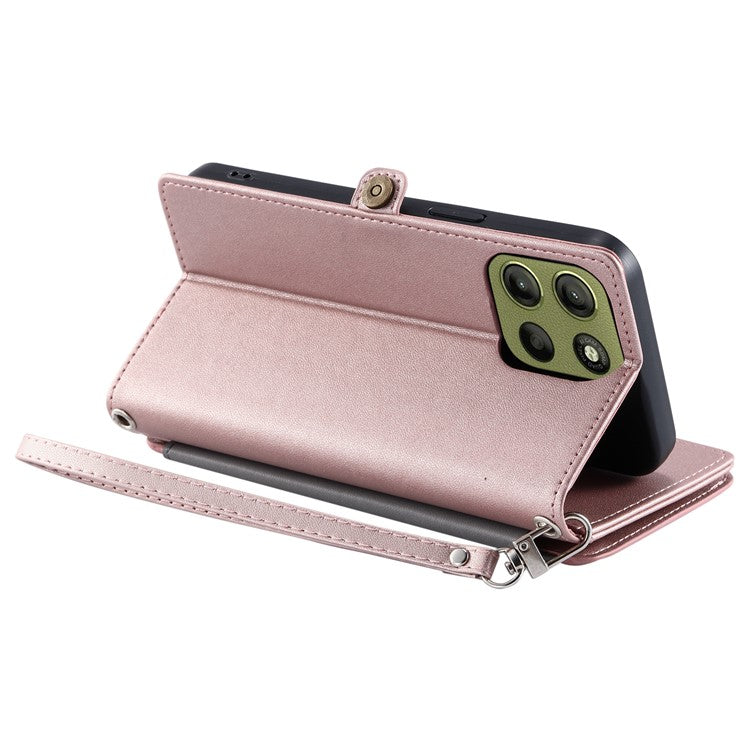 015 Style For Motorola Moto G15 4G Case TPU+PU Leather Wallet Phone Cover with Straps - Rose Gold