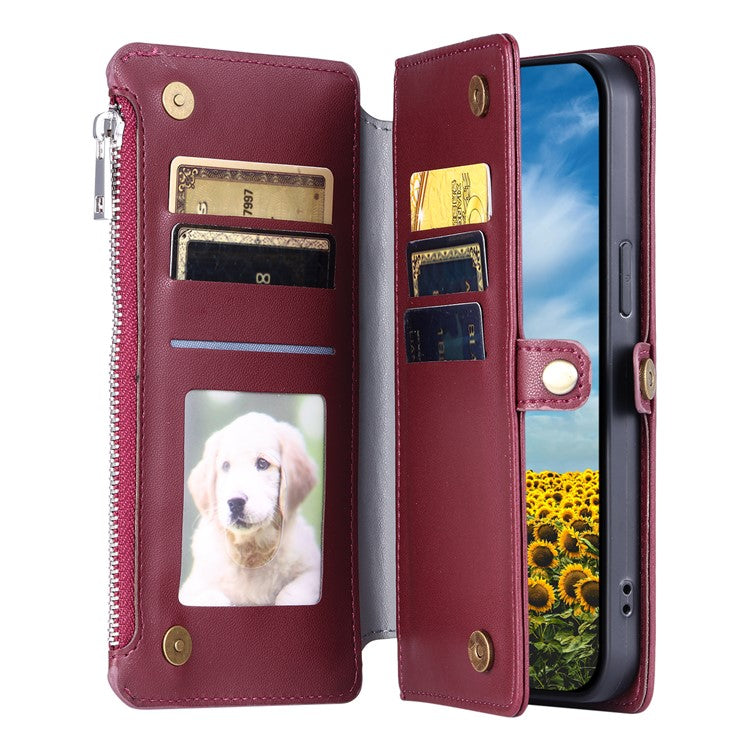 015 Style For Motorola Moto G15 4G Case TPU+PU Leather Wallet Phone Cover with Straps - Wine Red
