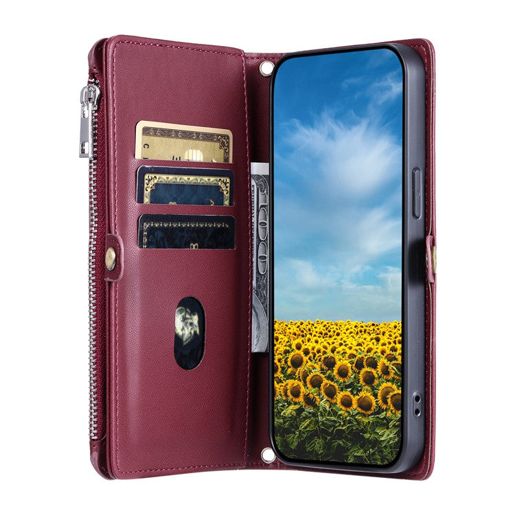 015 Style For Motorola Moto G15 4G Case TPU+PU Leather Wallet Phone Cover with Straps - Wine Red