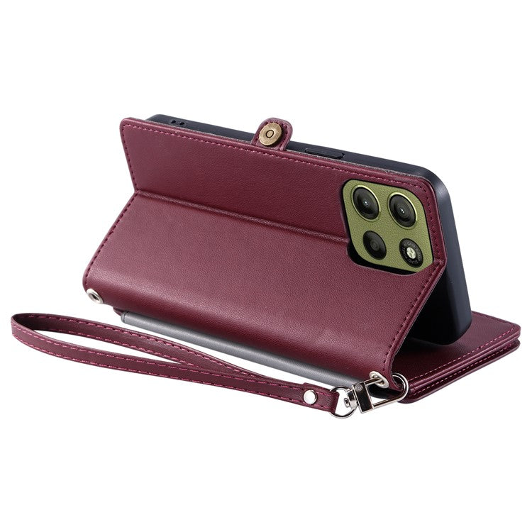015 Style For Motorola Moto G15 4G Case TPU+PU Leather Wallet Phone Cover with Straps - Wine Red