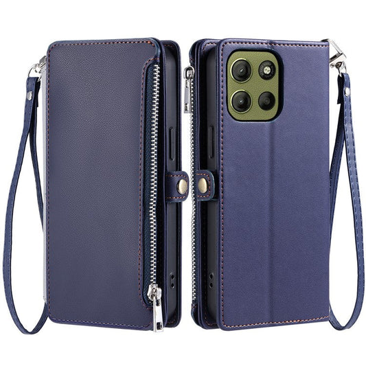 015 Style For Motorola Moto G15 4G Case TPU+PU Leather Wallet Phone Cover with Straps - Blue