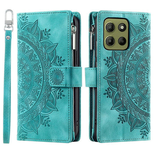 Style 006 For Motorola Moto G15 4G Wallet Case PU Leather Phone Cover Mandala Flower Pattern - Mint Green