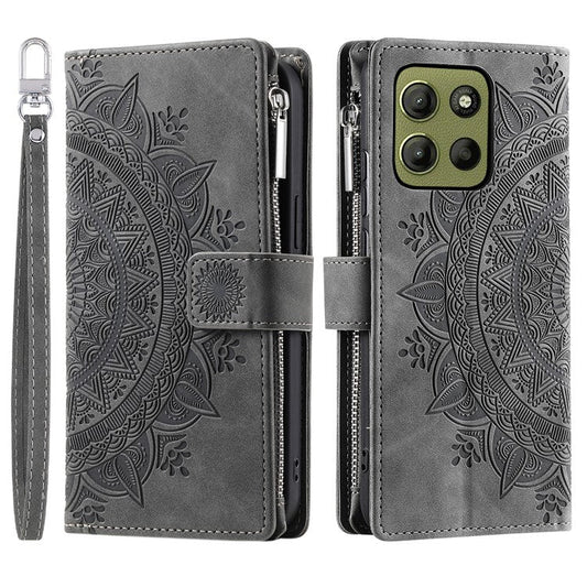 Style 006 For Motorola Moto G15 4G Wallet Case PU Leather Phone Cover Mandala Flower Pattern - Grey