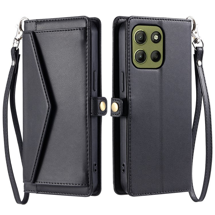 For Motorola Moto G15 4G Leather Case Wallet Stand Phone Cover with Straps - Black