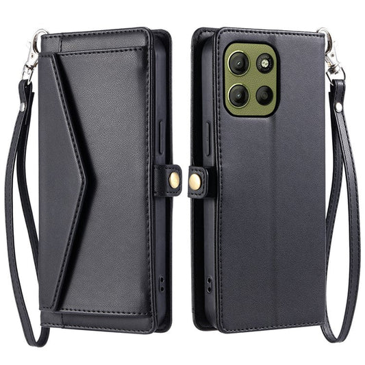 For Motorola Moto G15 4G Leather Case Wallet Stand Phone Cover with Straps - Black