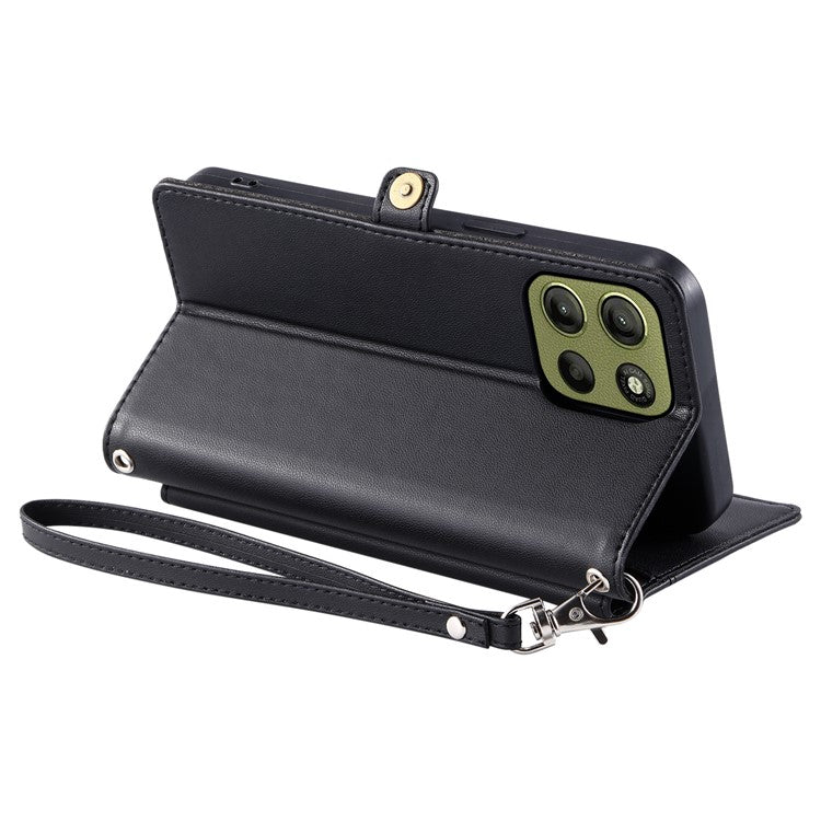 For Motorola Moto G15 4G Leather Case Wallet Stand Phone Cover with Straps - Black