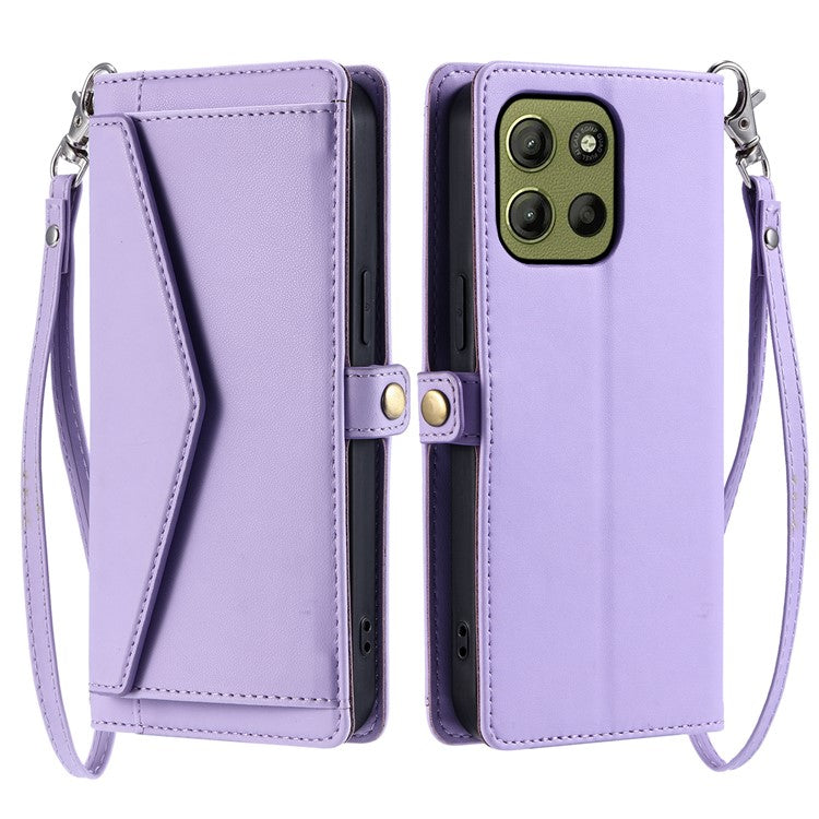 For Motorola Moto G15 4G Leather Case Wallet Stand Phone Cover with Straps - Purple