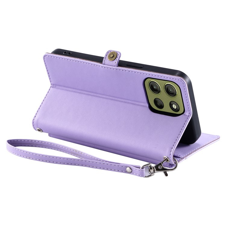 For Motorola Moto G15 4G Leather Case Wallet Stand Phone Cover with Straps - Purple