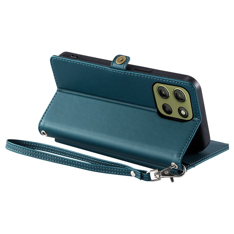 For Motorola Moto G15 4G Leather Case Wallet Stand Phone Cover with Straps - Blackish Green