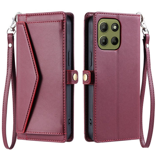 For Motorola Moto G15 4G Leather Case Wallet Stand Phone Cover with Straps - Wine Red