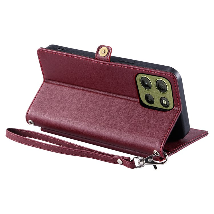 For Motorola Moto G15 4G Leather Case Wallet Stand Phone Cover with Straps - Wine Red