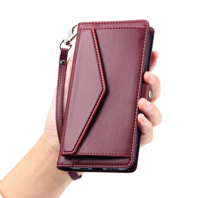 For Motorola Moto G15 4G Leather Case Wallet Stand Phone Cover with Straps - Wine Red