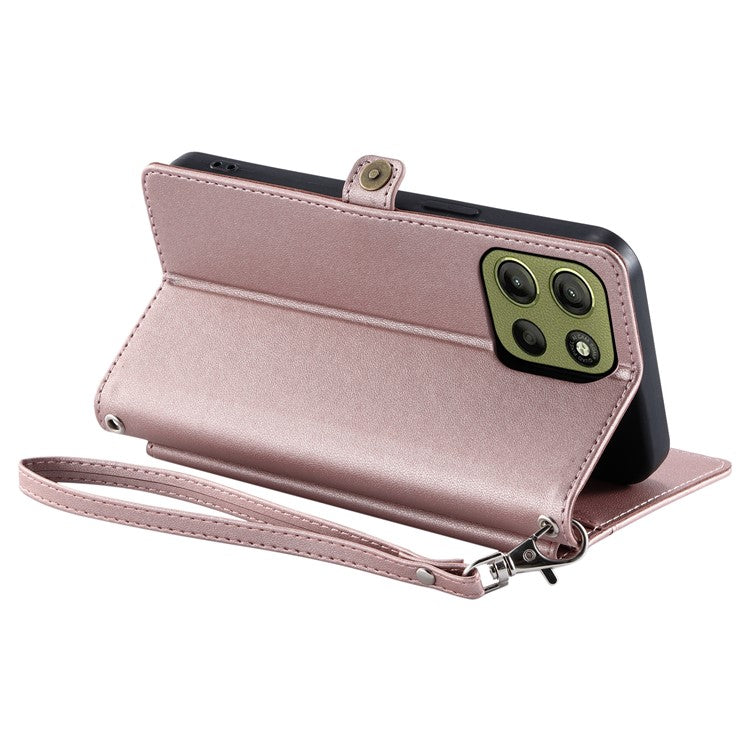 For Motorola Moto G15 4G Leather Case Wallet Stand Phone Cover with Straps - Rose Gold