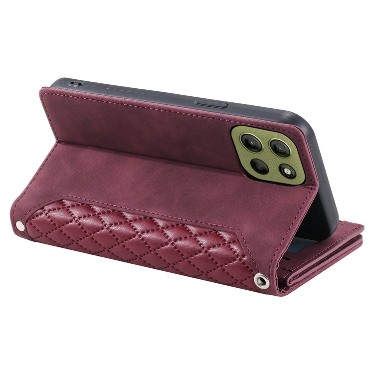 Style 005 For Motorola Moto G15 4G Wallet Case Rhombus Stitching Line PU Leather Phone Cover - Wine Red