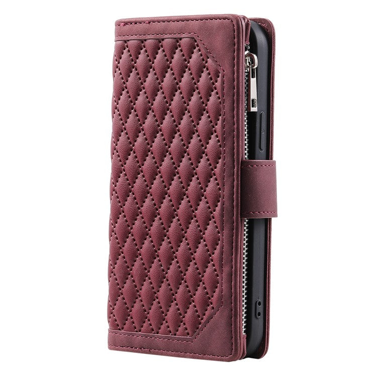 Style 005 For Motorola Moto G15 4G Wallet Case Rhombus Stitching Line PU Leather Phone Cover - Wine Red