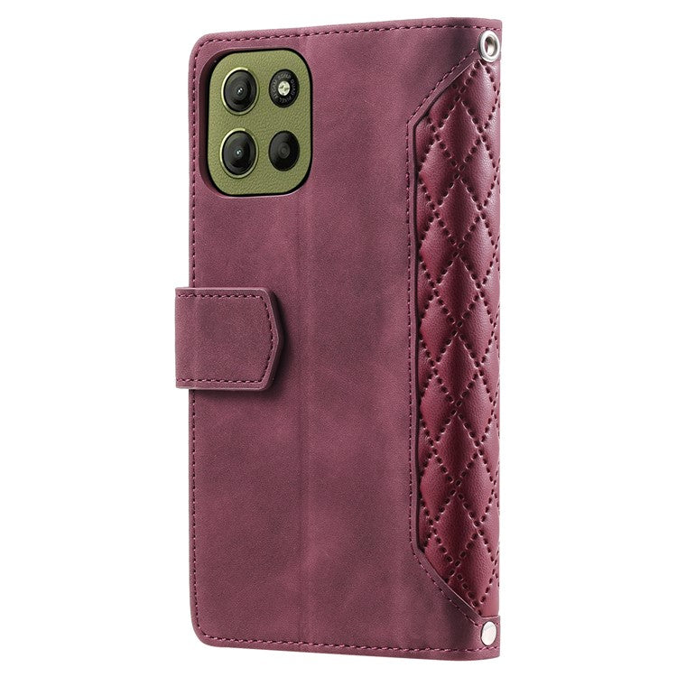 Style 005 For Motorola Moto G15 4G Wallet Case Rhombus Stitching Line PU Leather Phone Cover - Wine Red