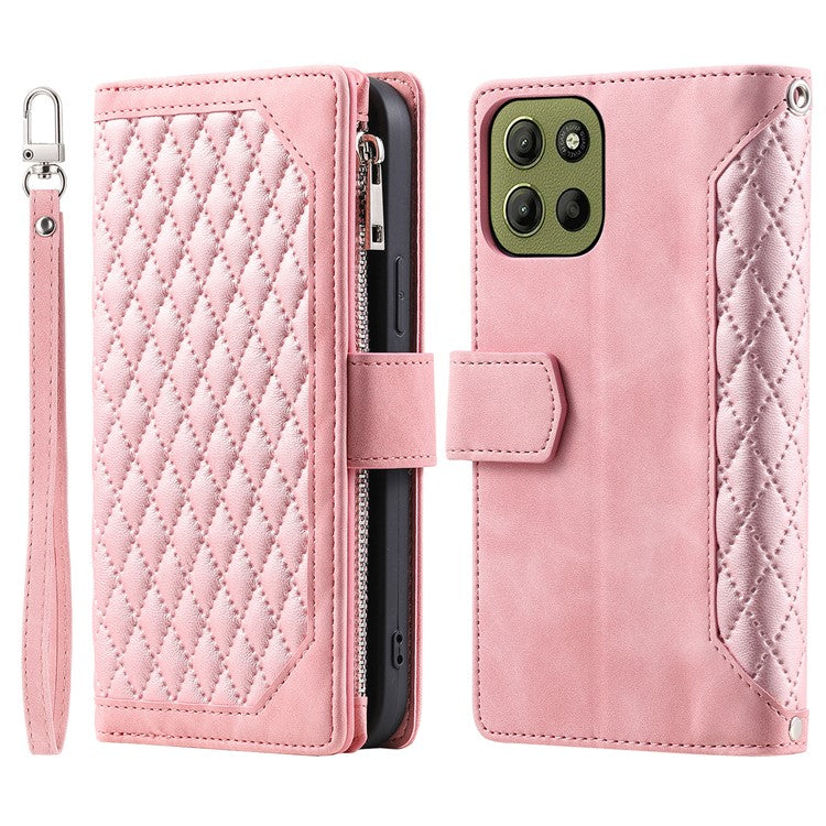 Style 005 For Motorola Moto G15 4G Wallet Case Rhombus Stitching Line PU Leather Phone Cover - Rose Gold